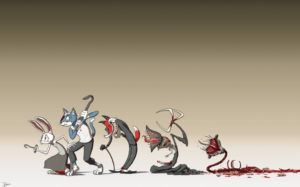Dark digital art of alien fox transforming with rabbit and cat witnessing horror scene wallpaper