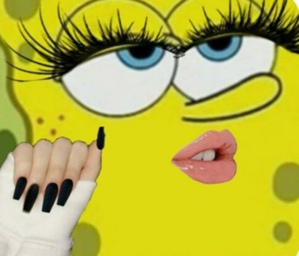 Weird SpongeBob SquarePants wallpaper with dramatic lashes glossy lips and black manicure hand