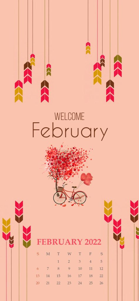 Welcome February 2022 calendar wallpaper with romantic bicycle under heart-leaf tree pastel pink background