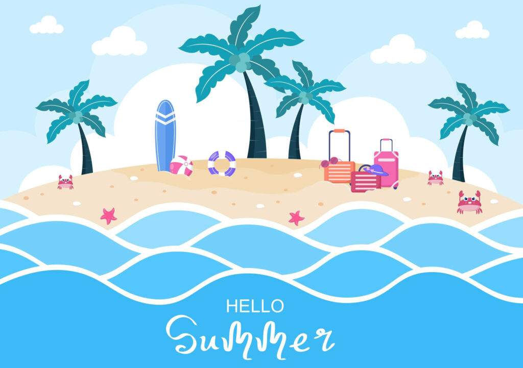 Hello Summer tropical island wallpaper with palm trees surfboard crabs luggage seaside ocean
