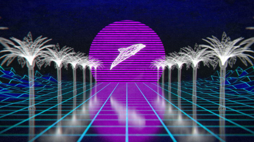 A Whimsical Cyber Dreamscape: Vaporwave Wallpaper with Whirling Trees, Majestic Leaping Whale, and Enigmatic Purple Sun