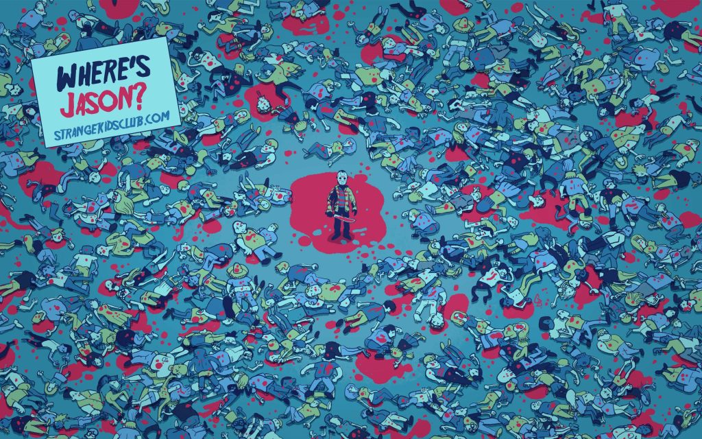 Where's Jason horror wallpaper with Jason Voorhees and victims in bold blues and reds background