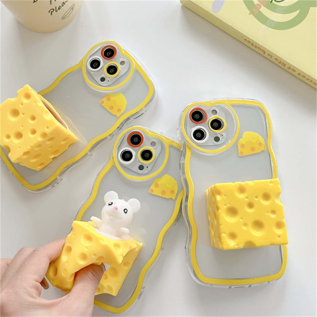 Whimsical 3D Cheese Phone Cases with Peeking Mice - Fun & Functional Wallpaper