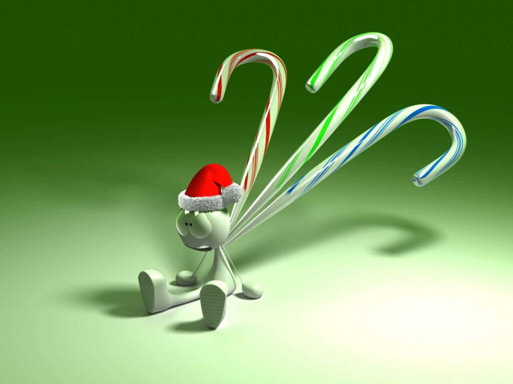 Whimsical 3D Christmas Scene with Santa Hat & Candy Canes Wallpaper