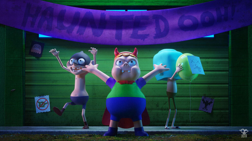 Playful Halloween 3D Wallpaper: Superhero & Friends in Spooky Scene
