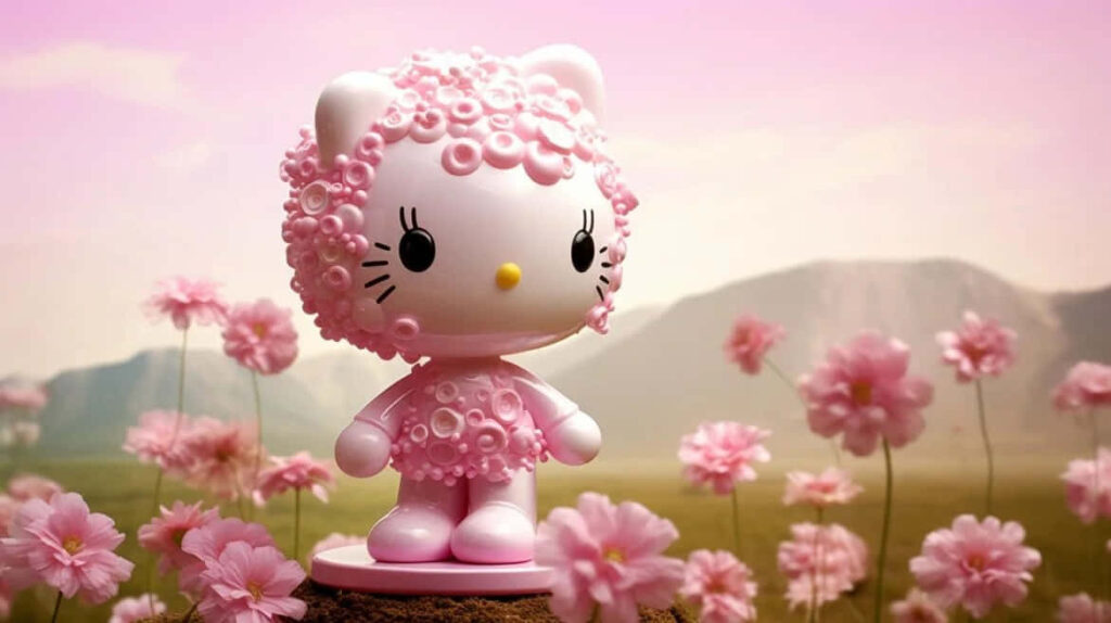 Charming 3D Hello Kitty Wallpaper with Floral Landscape Background