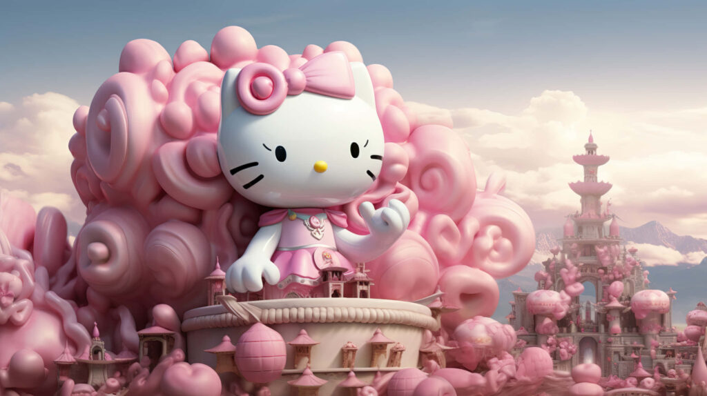 Whimsical 3D Hello Kitty Wallpaper in Enchanting Fantasy Landscape
