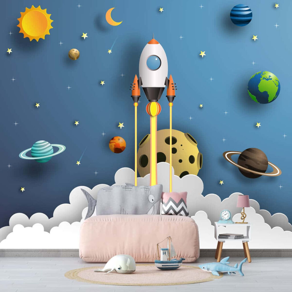 Whimsical 3D Space Wallpaper for Kids: Rocket, Planets & Stars