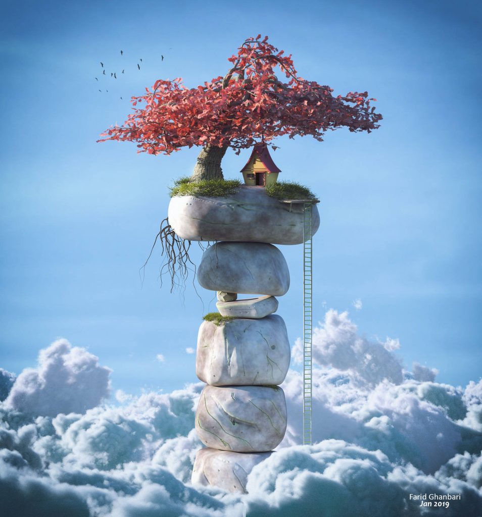 Whimsical 3D digital art tiny house under red tree on floating boulders above clouds wallpaper