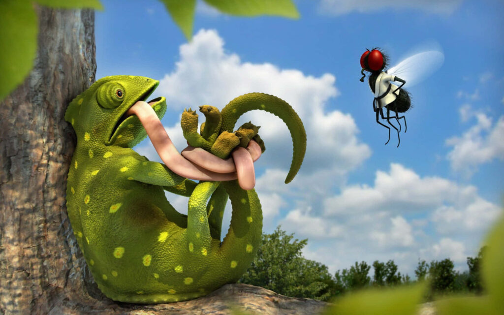 Whimsical 3D Chameleon Art Catching Fly - Colorful Sky Wallpaper