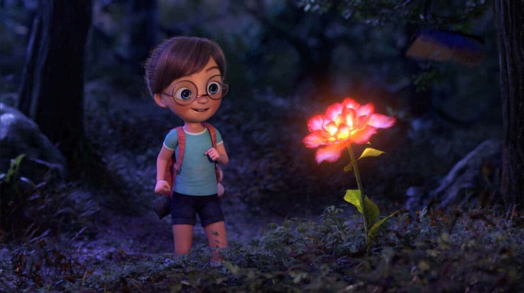 Explore Nature's Magic: Child Marvels at Bioluminescent Flower Wallpaper
