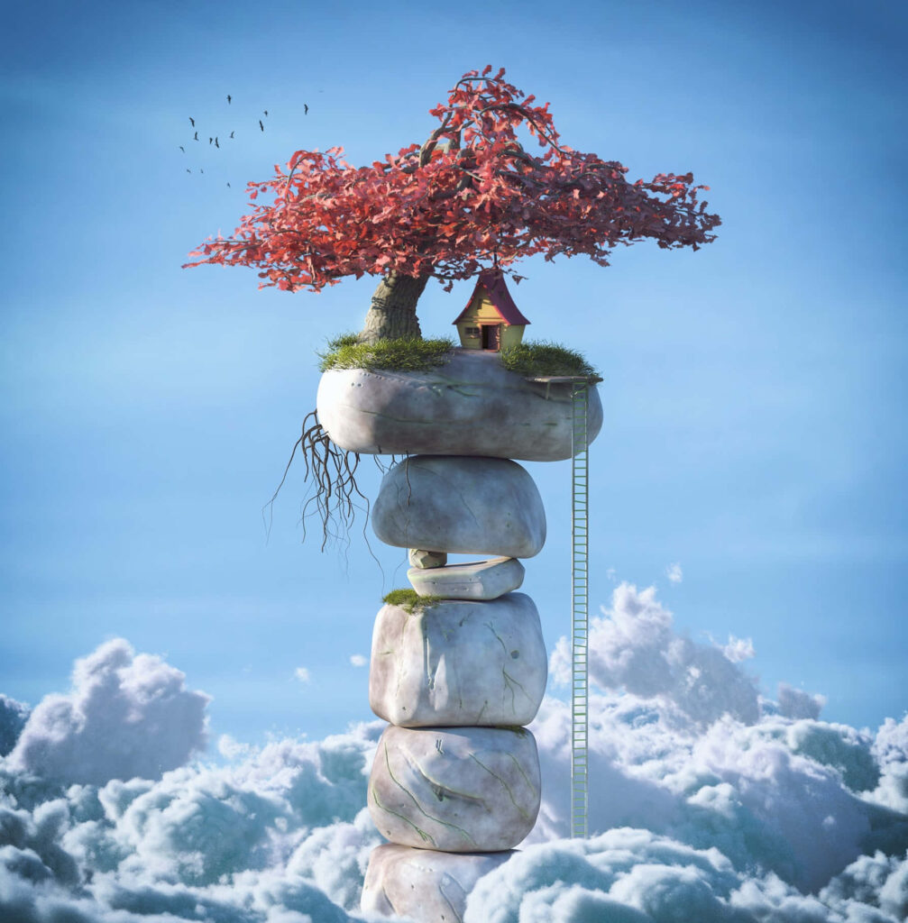 Whimsical 3D Wallpaper: Vibrant Red Tree & Tiny House in Clouds