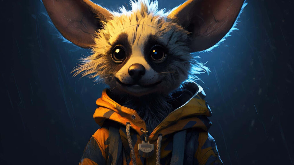 Whimsical Aardwolf Wallpaper: Colorful Hoodie & Rainy Background
