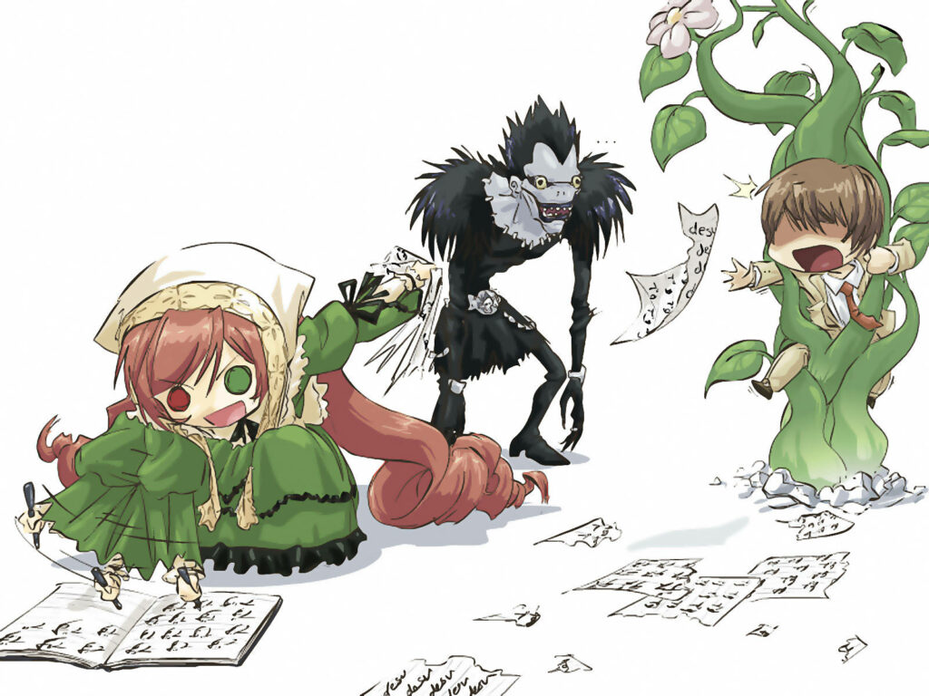 Enchanting Encounter: Chibi Ryuk, Suiseiki, and Light Amidst a Majestic Beanstalk Wallpaper