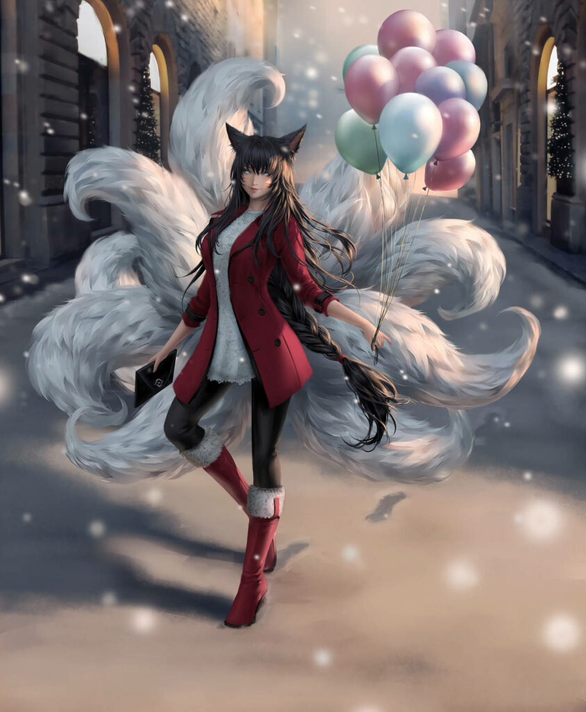 Enchanting Ahri Embraces Casual Chic with Pastel Balloons, Showcasing her Fabled White Tails Wallpaper