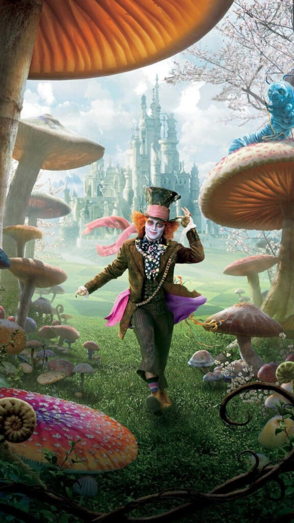 Whimsical Alice in Wonderland wallpaper with Mad Hatter giant mushrooms and magical castle background