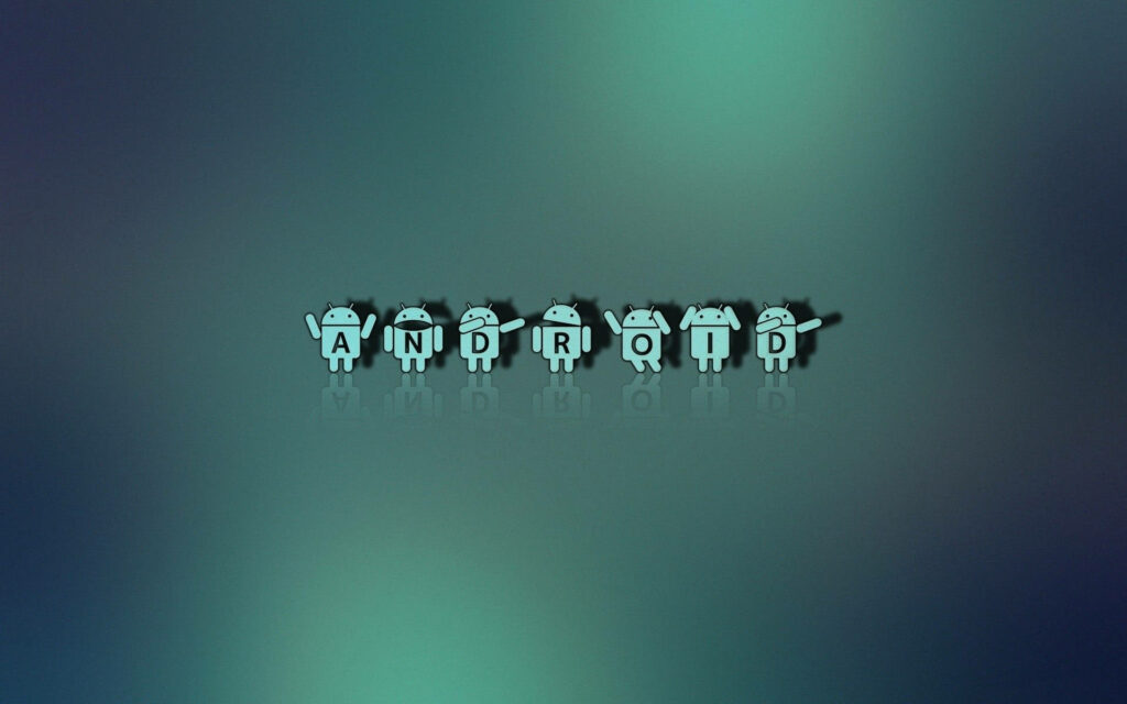 Playful Android Avatars: Letters Spelled in Hand Gestures Amidst a Cool Blue-green Backdrop Wallpaper