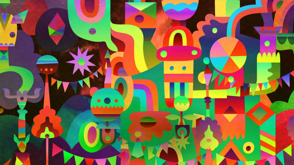 Whimsical Menagerie: A Kaleidoscope of Animal Faces in Multicolored Abstract Doodles Wallpaper