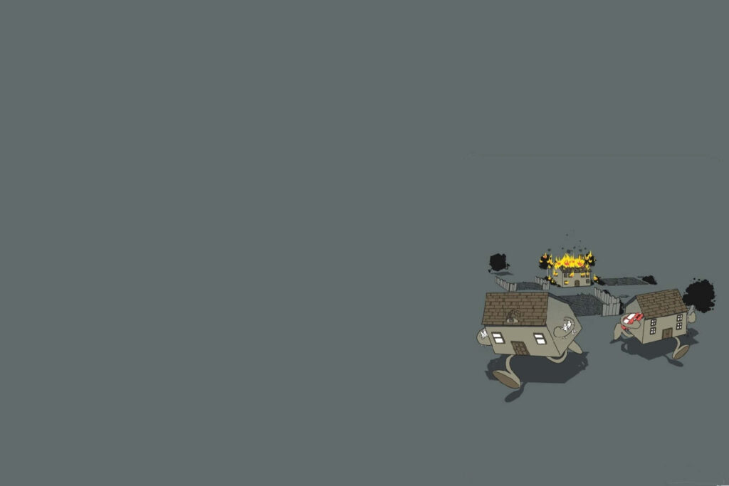 Whimsical Wallpaper: Animated House with Legs & Fiery Mischief Makers