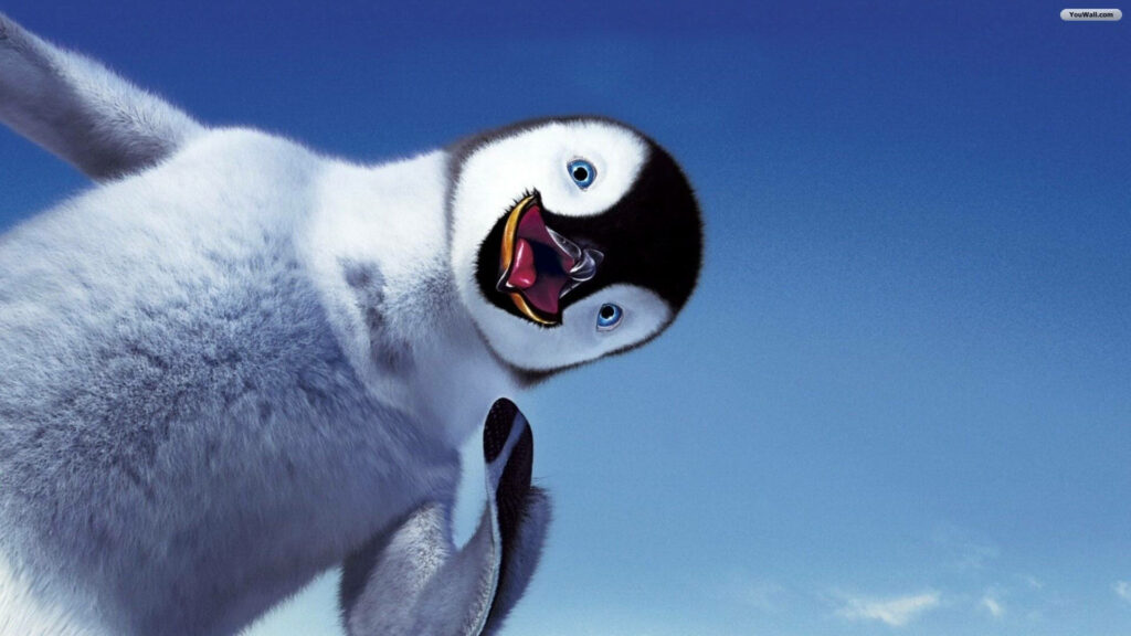 Joyful Penguin Soars in Whimsical Blue Sky Wallpaper Background
