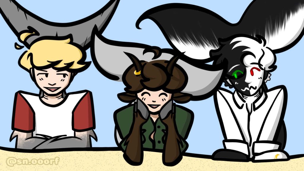 Whimsical anime Bench Trio TommyInnit Tubbo Ranboo with animal features on blue wallpaper background