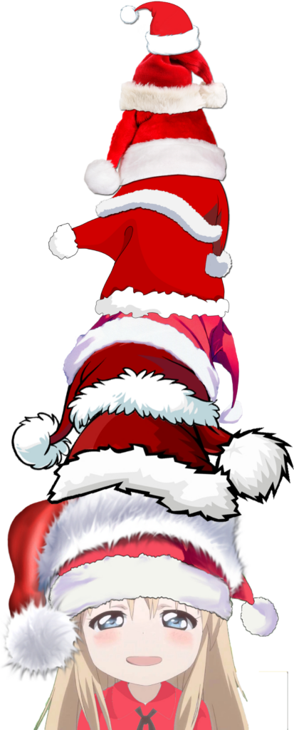 Whimsical Anime Character with Stacked Santa Hats - PNG Wallpaper