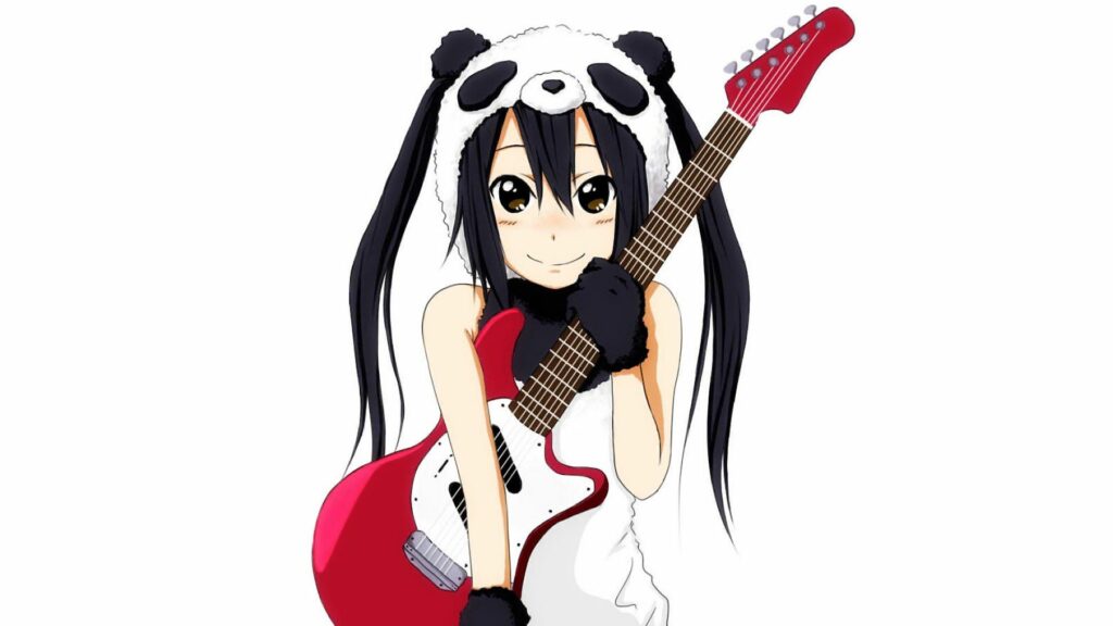 Whimsical Anime Girl in Panda Hat with Red Guitar - Playful Wallpaper