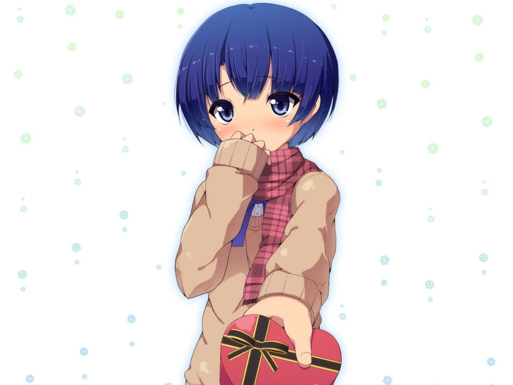 Anime Girl with Blue Hair in Cozy Scarf - Whimsical Snowflake Background Wallpaper