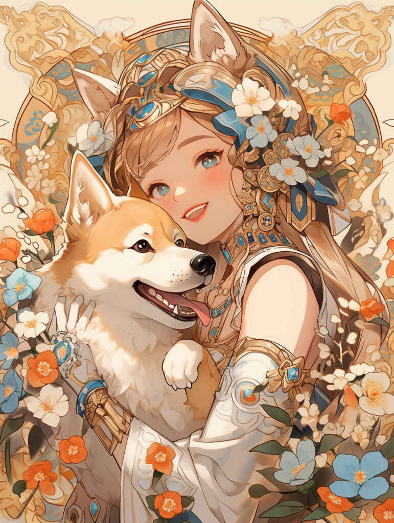 “Whimsical Anime Girl with Cat-Dog Features in Floral Background Art” Wallpaper