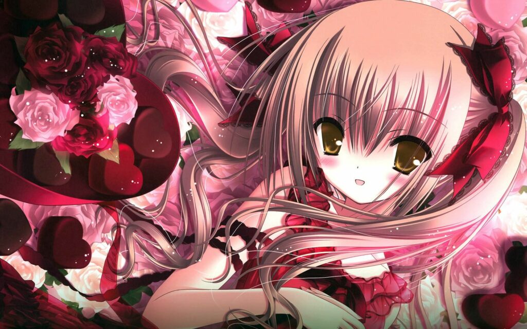 Cute Anime Girl Amid Pink Roses - Whimsical Floral Wallpaper