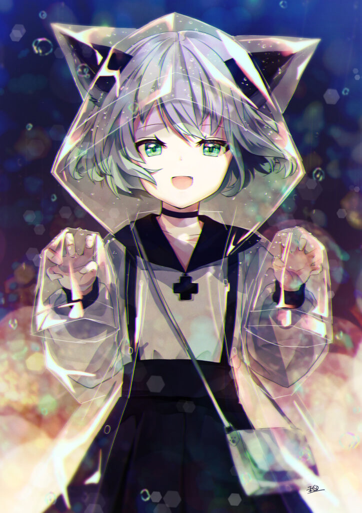 Joyful Anime Girl in Raincoat Surrounded by Sparkling Raindrops Wallpaper