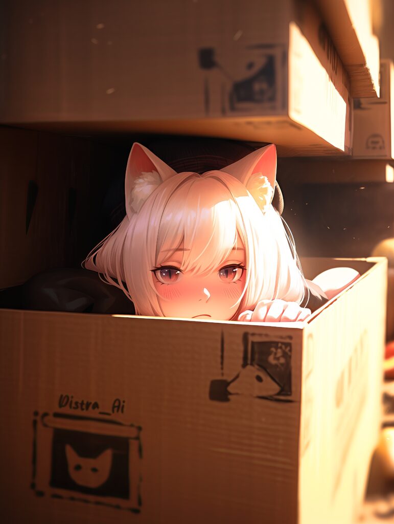 Whimsical Anime Girl with Cat Ears in Cardboard Box Wallpaper