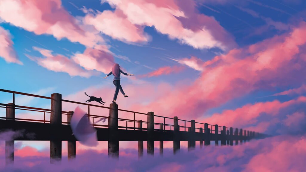 Whimsical Anime Scene: Pink-Haired Character & Cat Above the Clouds Wallpaper