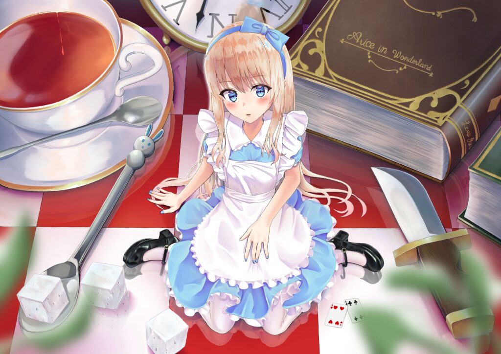 Whimsical Anime Wallpaper: Alice-Inspired Girl in Wonderland Scene
