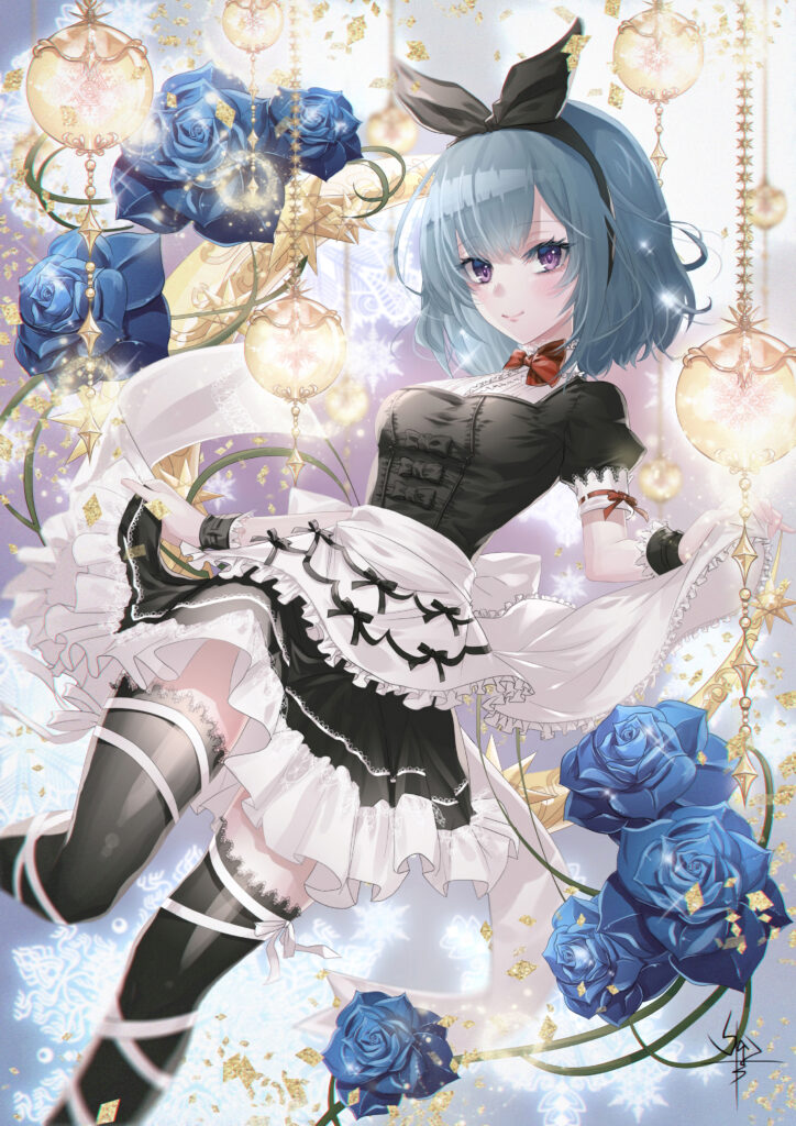 Whimsical Anime Maid Wallpaper with Blue Roses - Vibrant Art