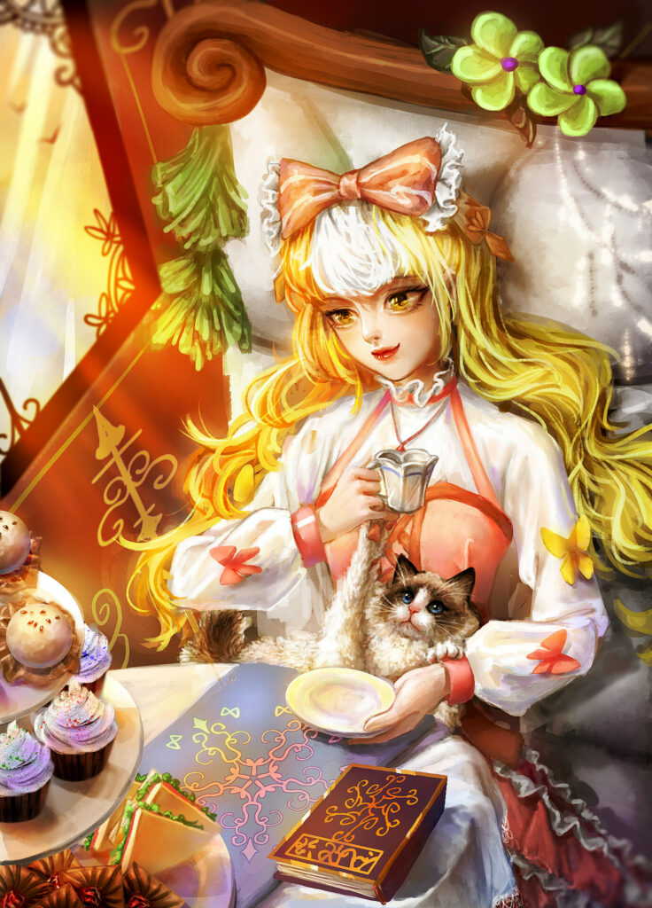 Whimsical Tea Party Wallpaper: Girl with Cat in Vibrant Setting