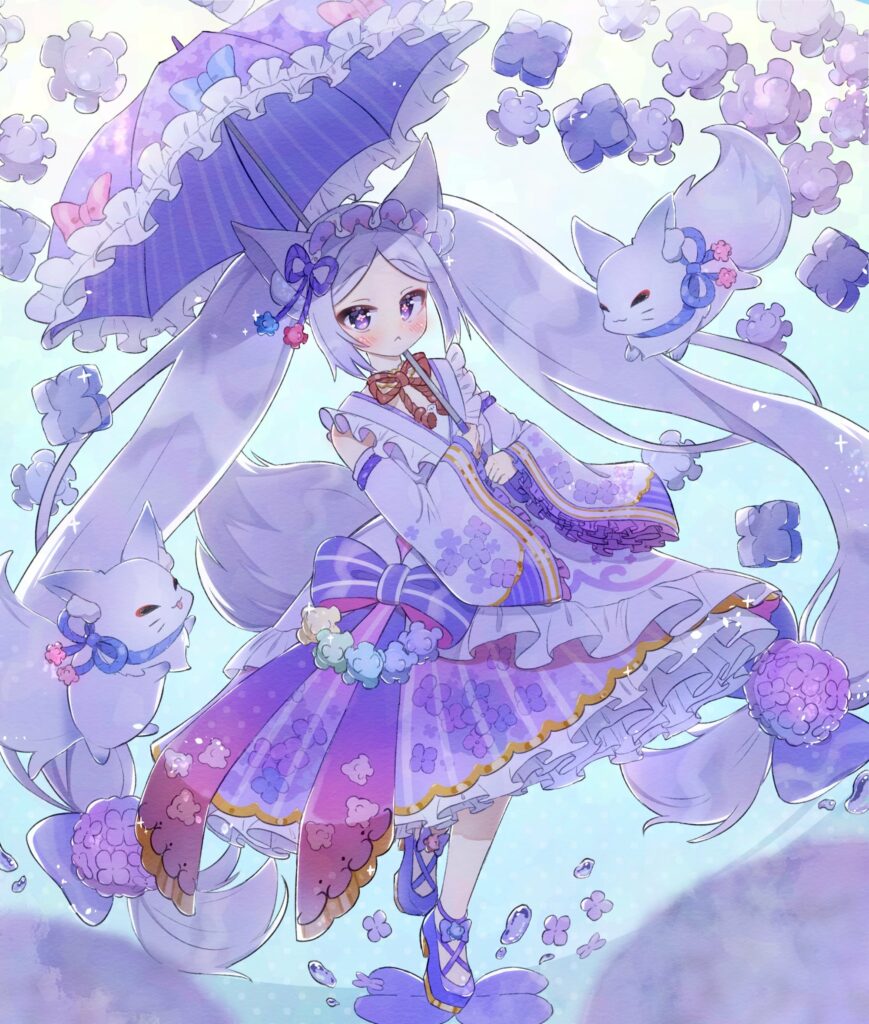 Whimsical Anime Wallpaper: Girl with Umbrella & Cloud Fox Creatures