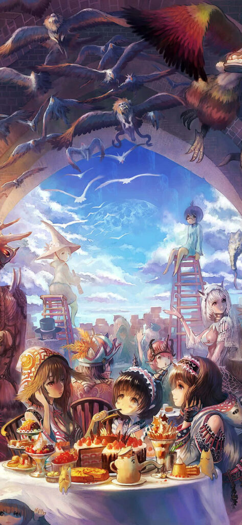 Whimsical Anime Wallpaper: Cute Characters & Fantasy Food Scene