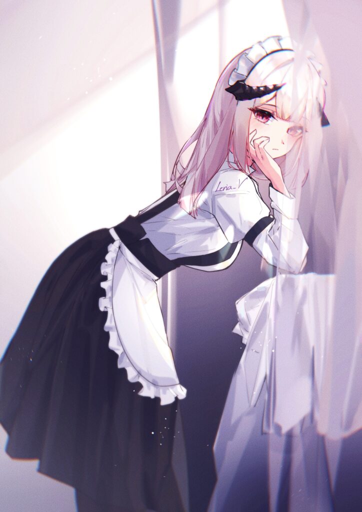 Whimsical Anime Maid Wallpaper: Elegant Demon Character with Horns