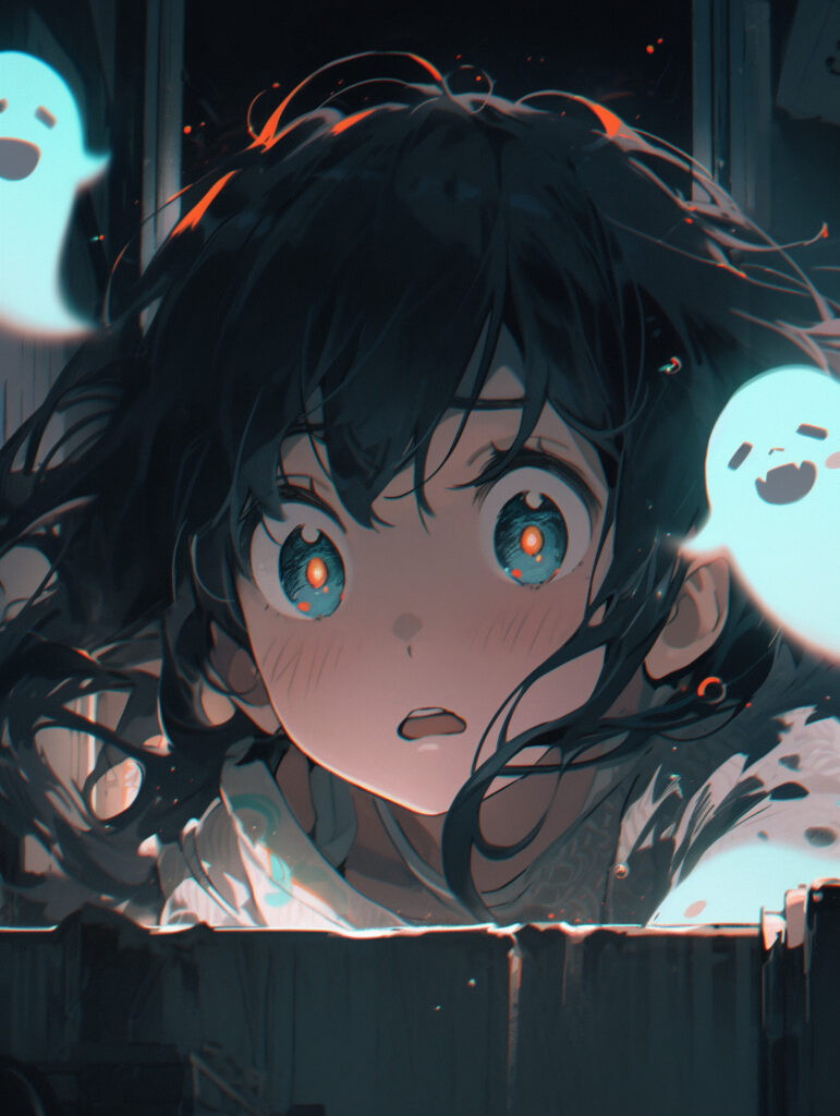 Whimsical Anime Wallpaper: Girl's Expressive Eyes & Playful Ghosts