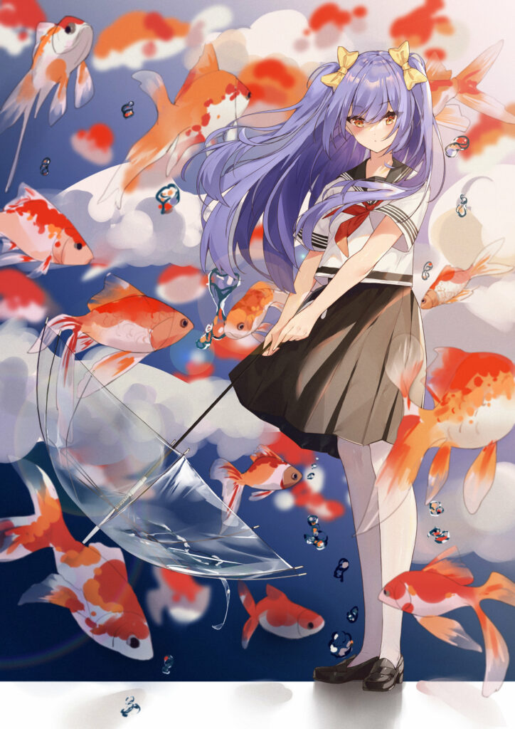 Whimsical Anime Wallpaper: Girl with Purple Hair & Colorful Fish