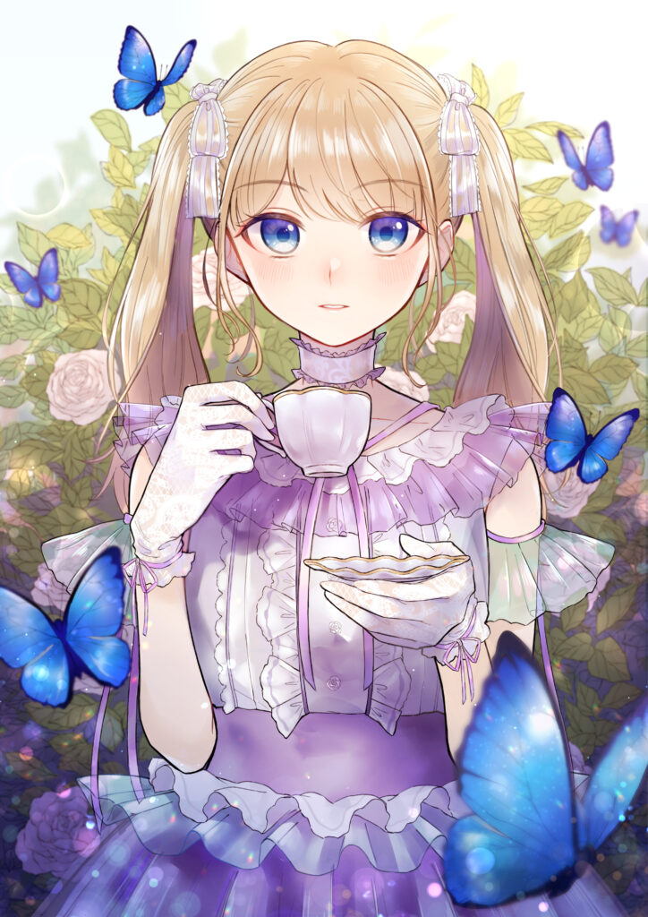 Whimsical Anime Wallpaper: Blonde Girl with Tea & Butterflies