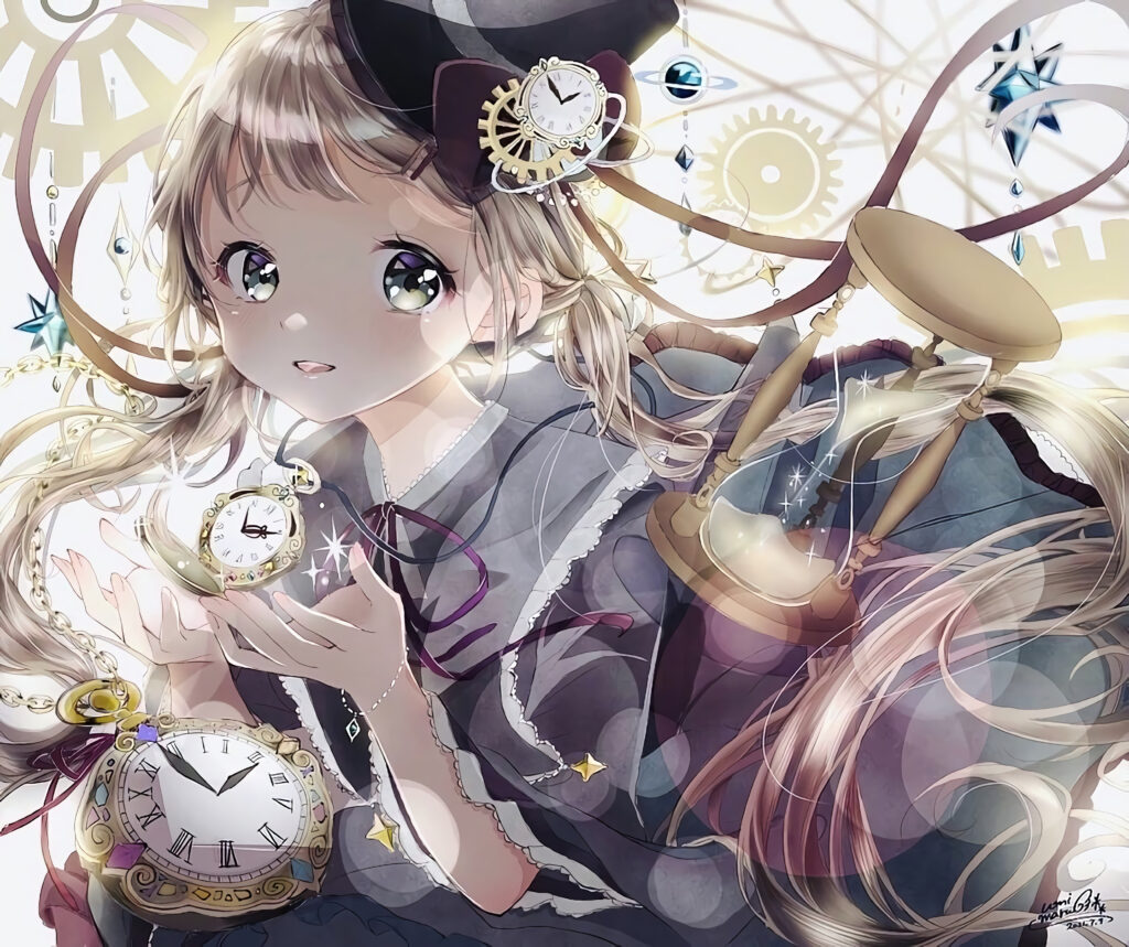 Whimsical Anime Wallpaper: Girl Amidst Timepieces & Clockwork Designs