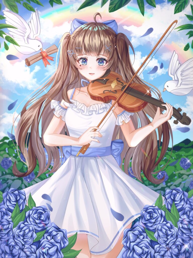 Enchanting Anime Wallpaper: Girl with Violin, Blue Roses & Rainbow