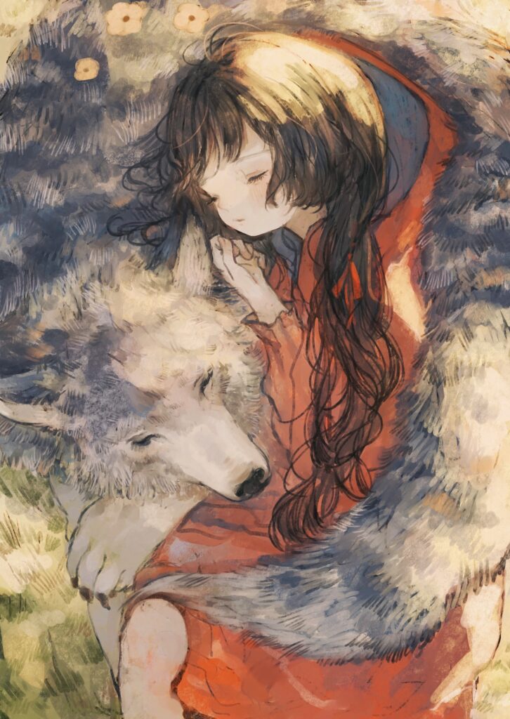 Whimsical Anime Little Red Riding Hood and Wolf Wallpaper 