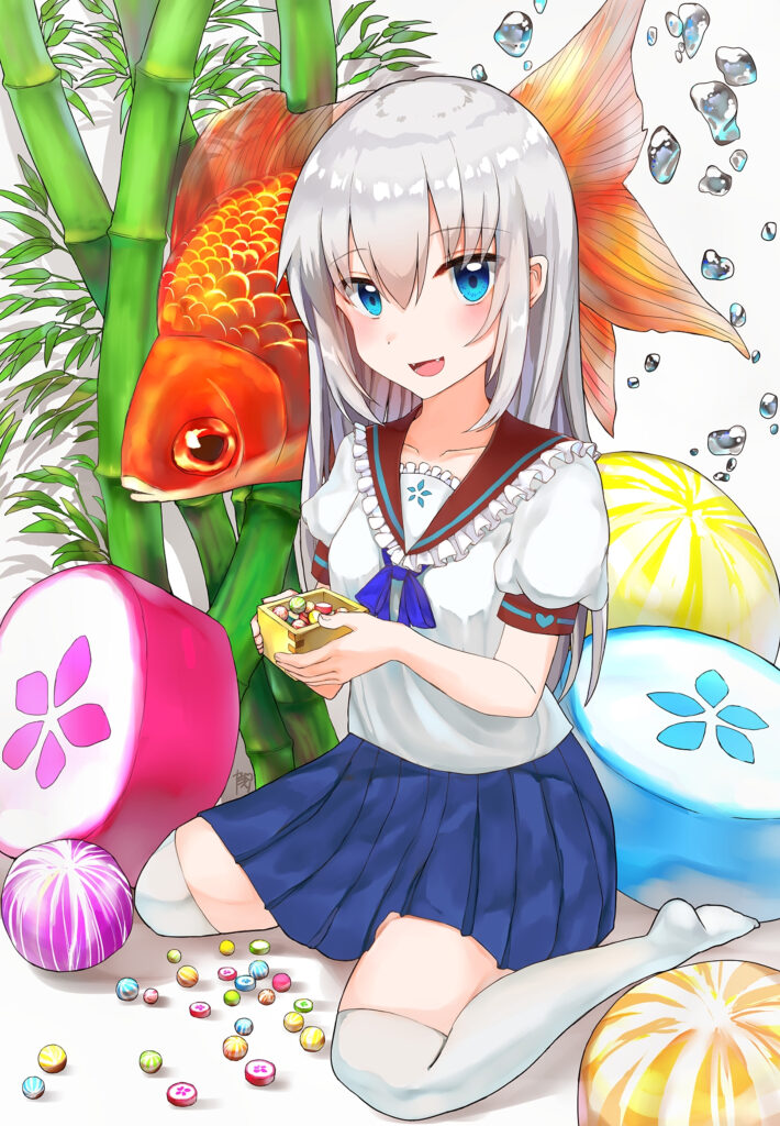 Whimsical Anime Wallpaper: Smiling Girl, Candy & Koi Fish