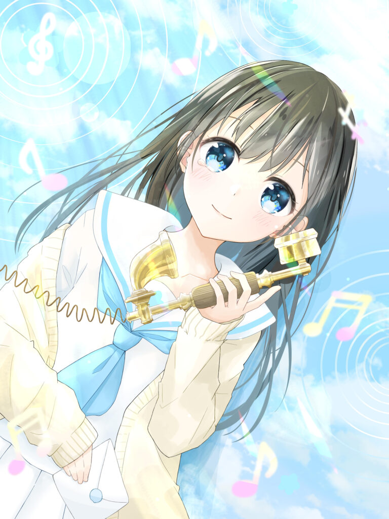 Whimsical Anime Wallpaper: Smiling Girl with Retro Phone & Music Notes