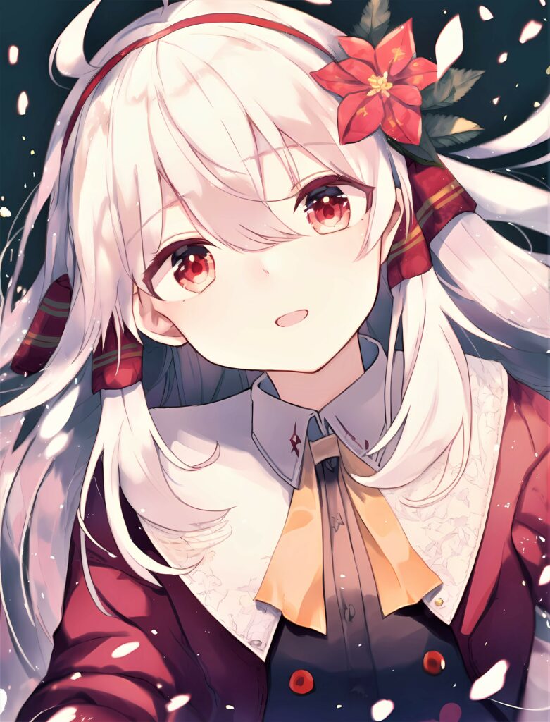 Serene Anime Girl with White Hair and Red Flower - Whimsical Wallpaper