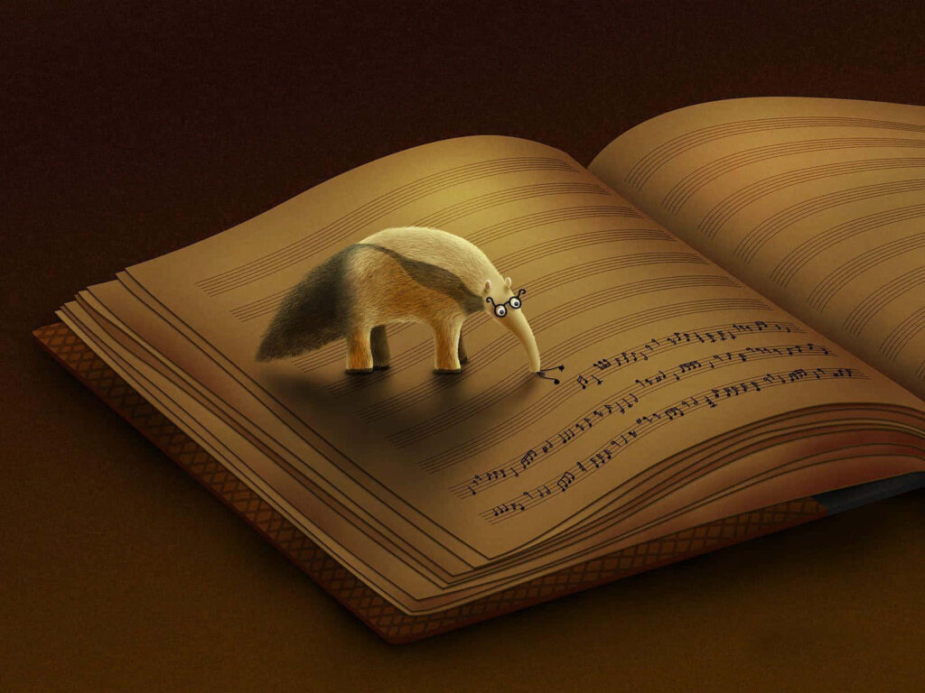 Whimsical anteater on open book with musical notes creative wildlife music wallpaper background