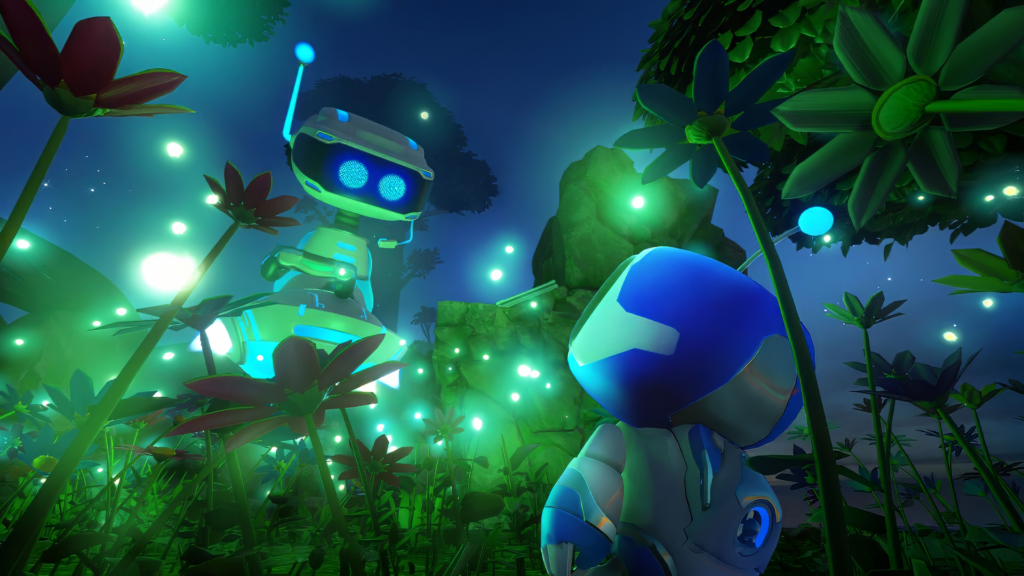 Astro Bot in a Lush, Luminescent Garden - PS5 Wallpaper Background